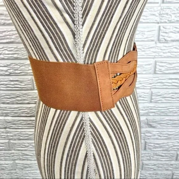 Wide Tan Elastic Belt Braided Faux Leather Front - Picture 3 of 7